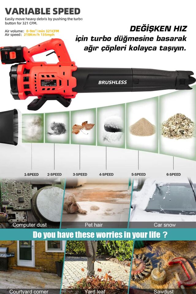 Assur Profesyonel 21 V Çift Akülü Turbo Motor 2800 Rpm Yaprak Hava Üfleme Makinesi