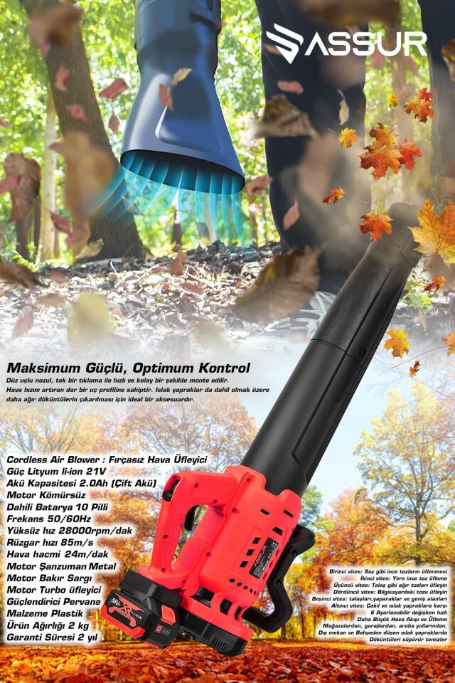 Assur Profesyonel 21 V Çift Akülü Turbo Motor 2800 Rpm Yaprak Hava Üfleme Makinesi