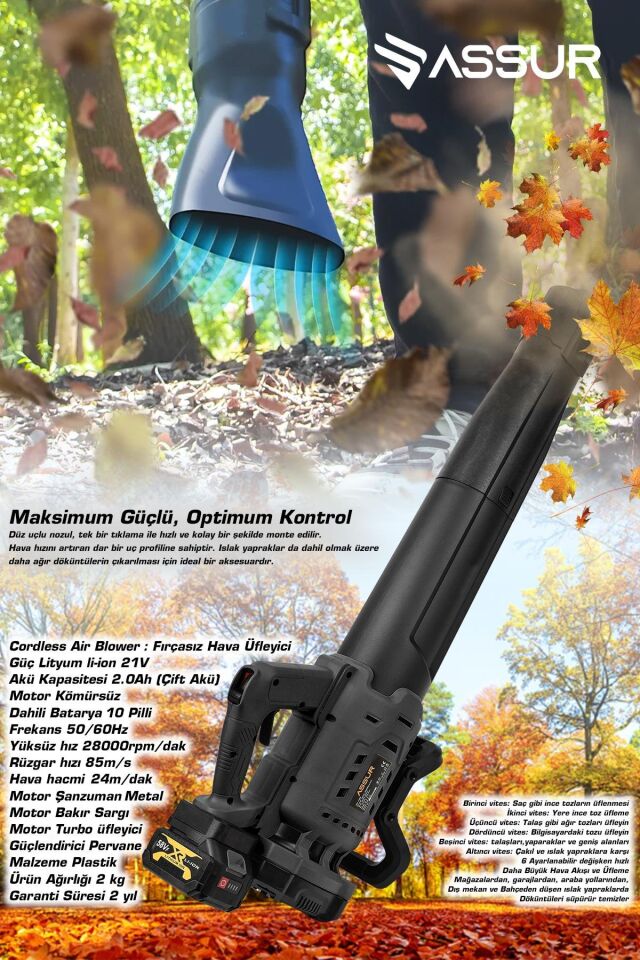 Assur Profesyonel 21 V Çift Akülü Turbo Motor 2800 Rpm Yaprak Hava Üfleme Makinesi