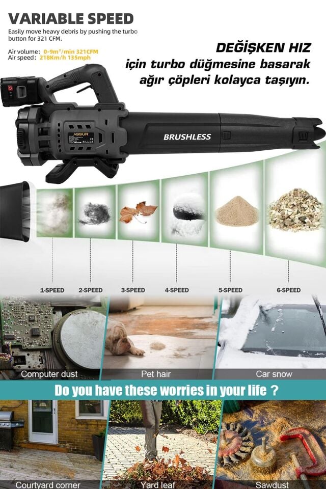 Assur Profesyonel 21 V Çift Akülü Turbo Motor 2800 Rpm Yaprak Hava Üfleme Makinesi