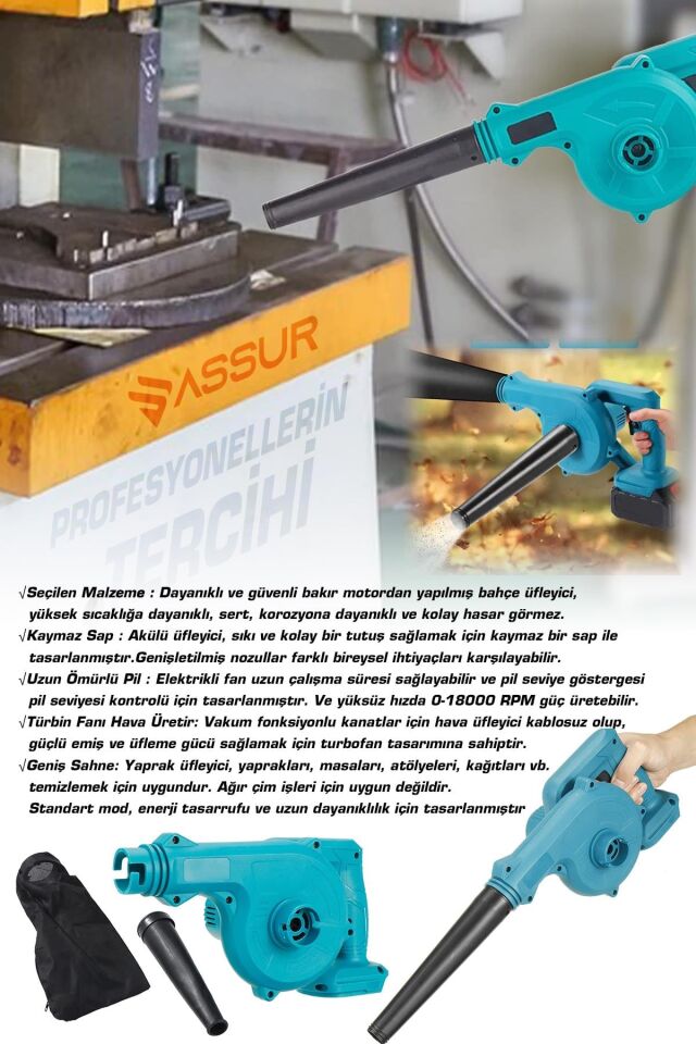 Assur Profesyonel 21v Çift Akülü Kompresör Şarjlı Hava Üfleme Makinesi