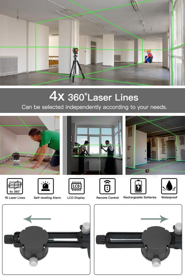 Assur Profesyonel 360° 12 Köşe Otomatik Hizalamalı Yeşil Çizgili Su Terazili Lazer Metre Hizalama
