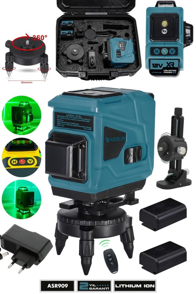 Assur 360° 12 Köşe Otomatik Hizalamalı Yeşil Çizgili Su Terazili Lazer Metre Hizalama