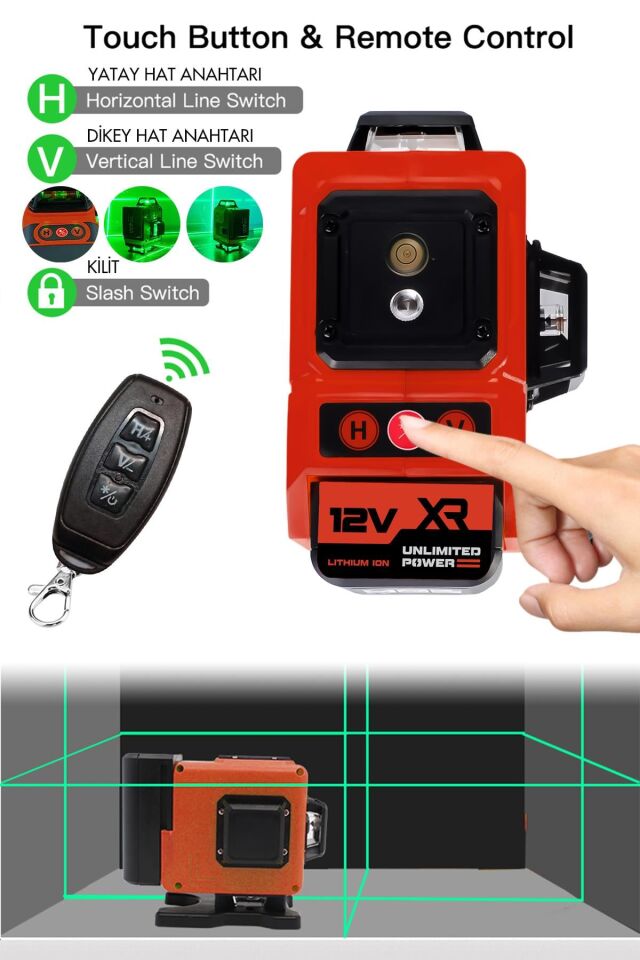 Assur Profesyonel 360° 12 Köşe Otomatik Hizalamalı Yeşil Çizgili Su Terazili Lazer Metre Hizalama