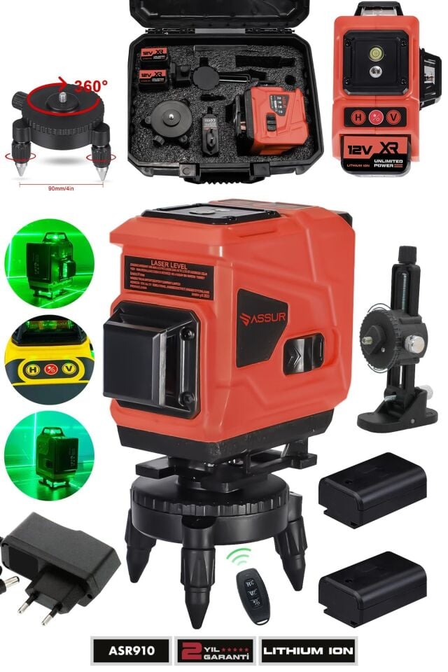 Assur 360° 12 Köşe Otomatik Hizalamalı Yeşil Çizgili Su Terazili Lazer Metre Hizalama