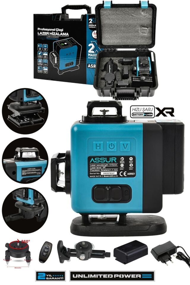 Assur Profesyonel 360° Lazer Hizalama 16 Köşe Otomatik Hizalama Yeşil Çizgili Lazer Metre Hizalama