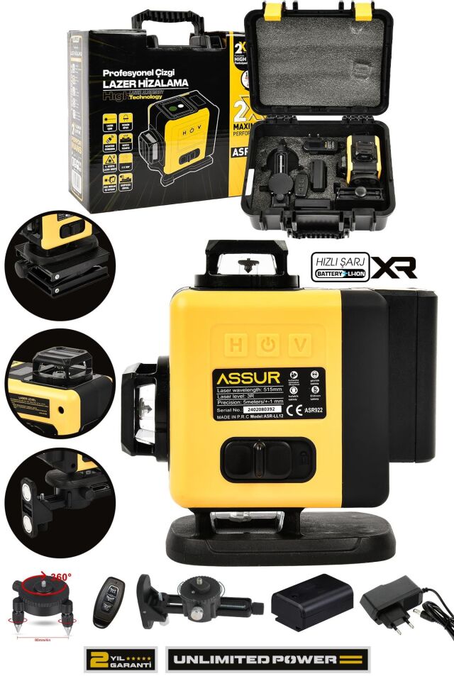 Assur Profesyonel 360° Lazer Hizalama 16 Köşe Otomatik Hizalama Yeşil Çizgili Lazer Metre Hizalama