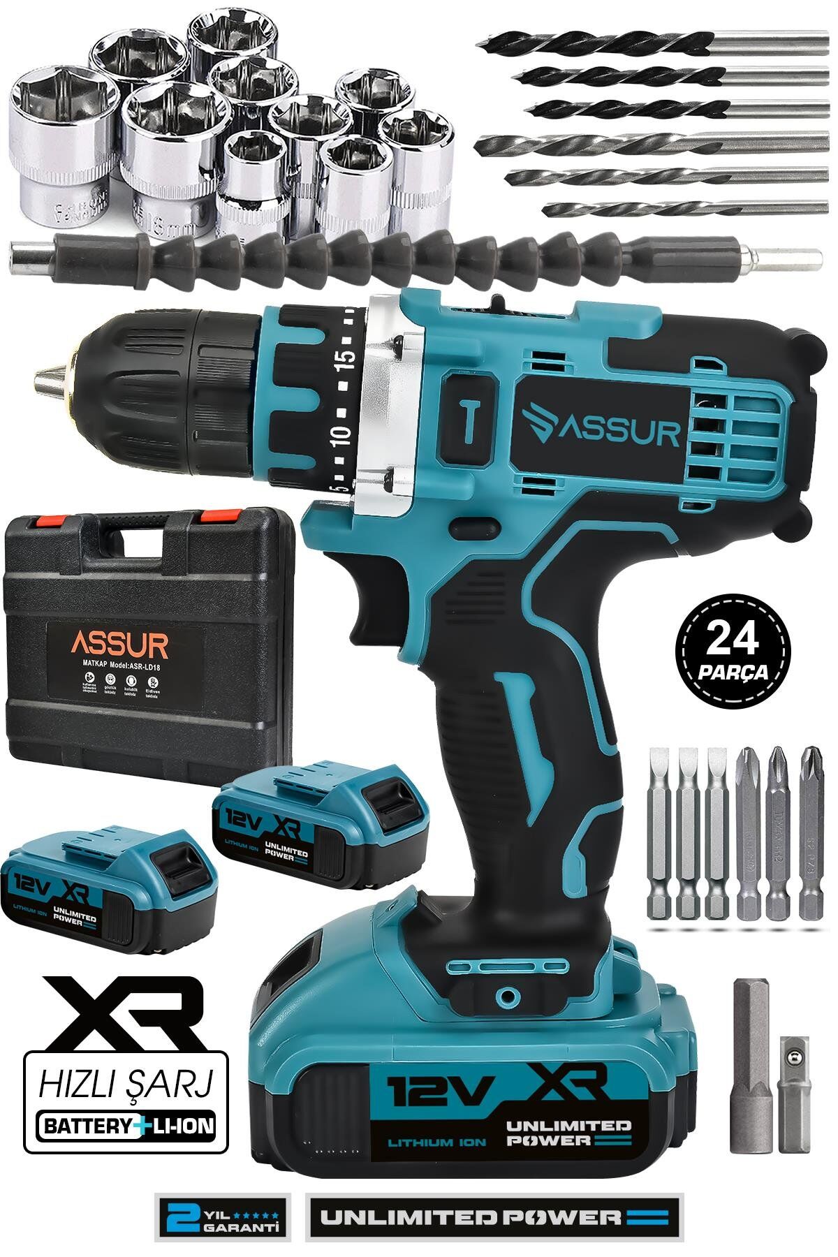 Assur 12V Çift Akü Şarjlı Matkap Metal Şanzıman Akülü Vidalama