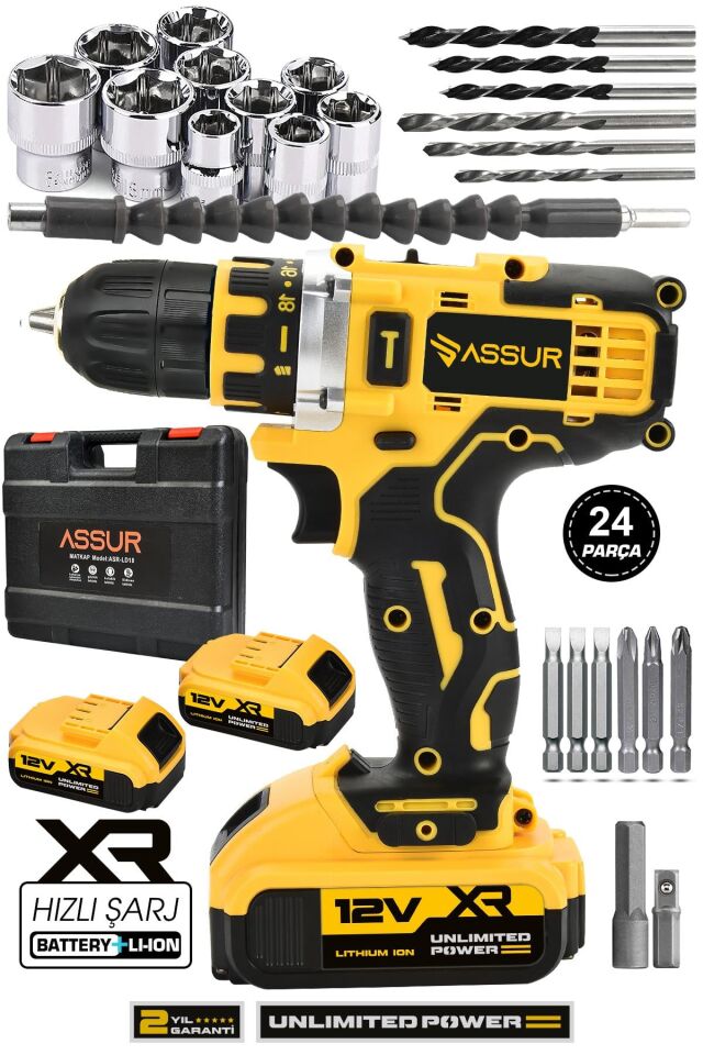 Assur 12V Çift Akü Metal Şanzıman Şarjlı Matkap Akülü Vidalama