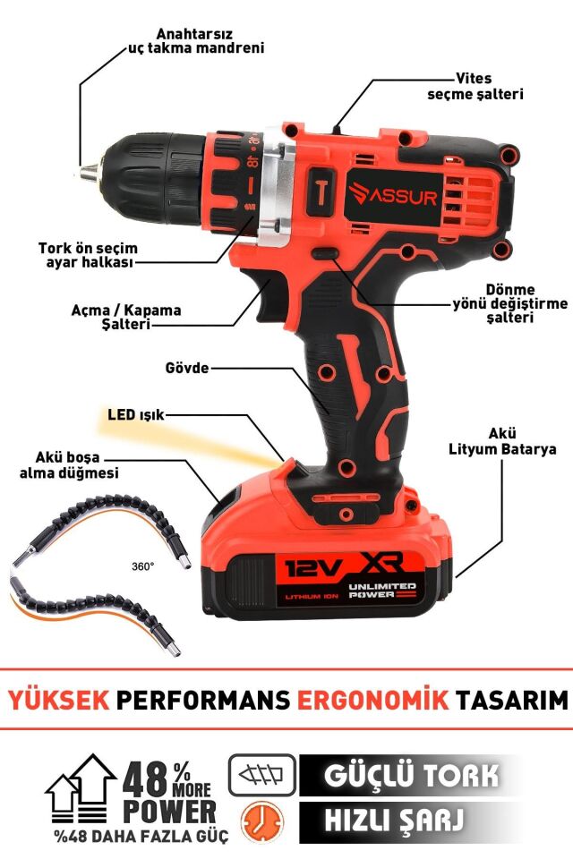 Assur 12V Çift Akü Metal Şanzıman Şarjlı Matkap Akülü Vidalama