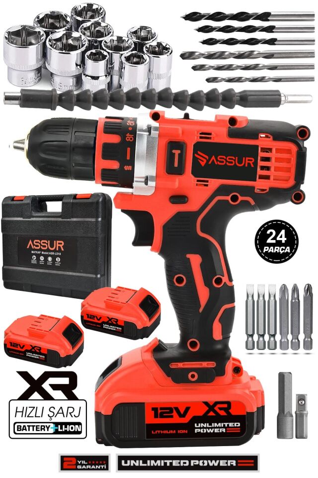 Assur 12V Çift Akü Metal Şanzıman Şarjlı Matkap Akülü Vidalama