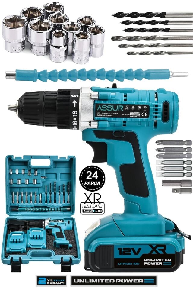 Assur 12V Çift Akülü Vidalama Çelik Şanzıman Bakır Sargılı Şarjlı Matkap