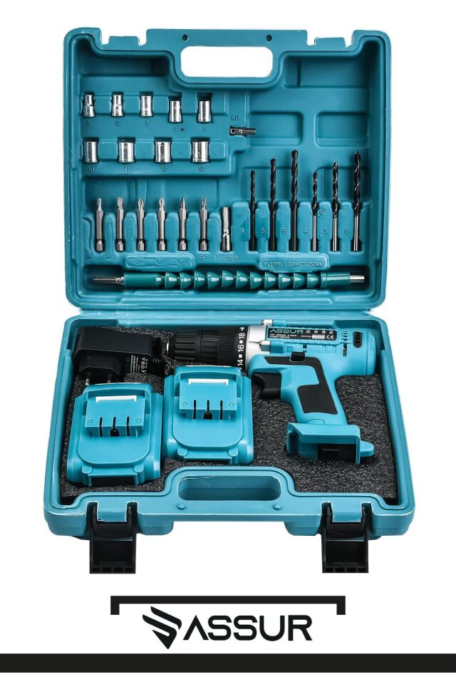 Assur 12V Çift Akülü Vidalama Çelik Şanzıman Bakır Sargılı Şarjlı Matkap