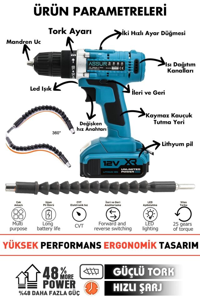 Assur 12V Çift Akü Çelik Şanzıman Bakır Sargılı Şarjlı Matkap Akülü Vidalama