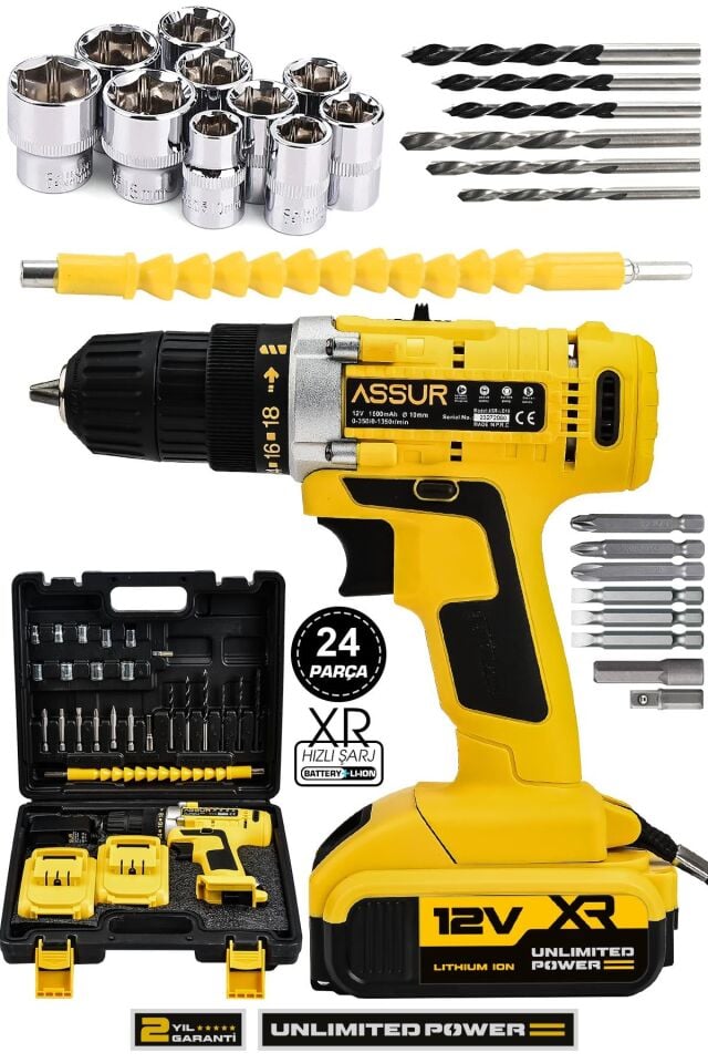 Assur 12V Şarjlı Matkap Çelik Şanzıman Bakır Sargılı Akülü Vidalama