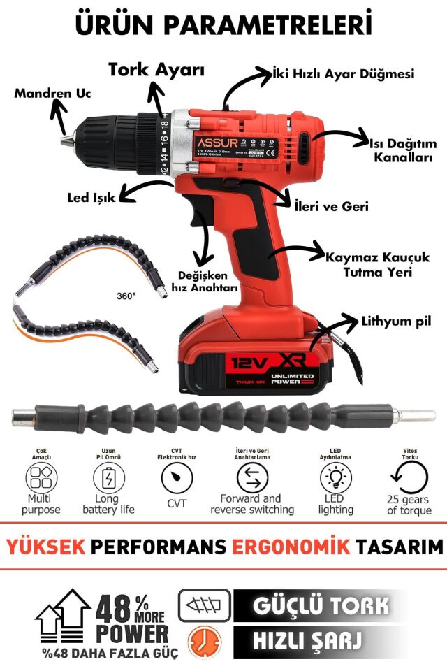 Assur 12V Çelik Şanzıman Bakır Sargılı Çift Akülü Şarjlı Matkap Vidalama