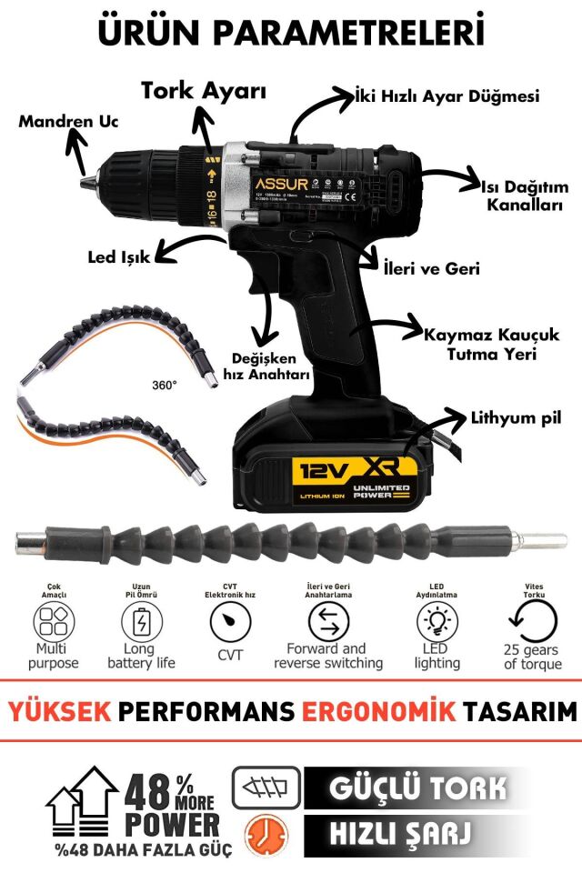 Assur 12V Çelik Şanzıman Bakır Sargılı Çift Akülü Şarjlı Matkap Vidalama
