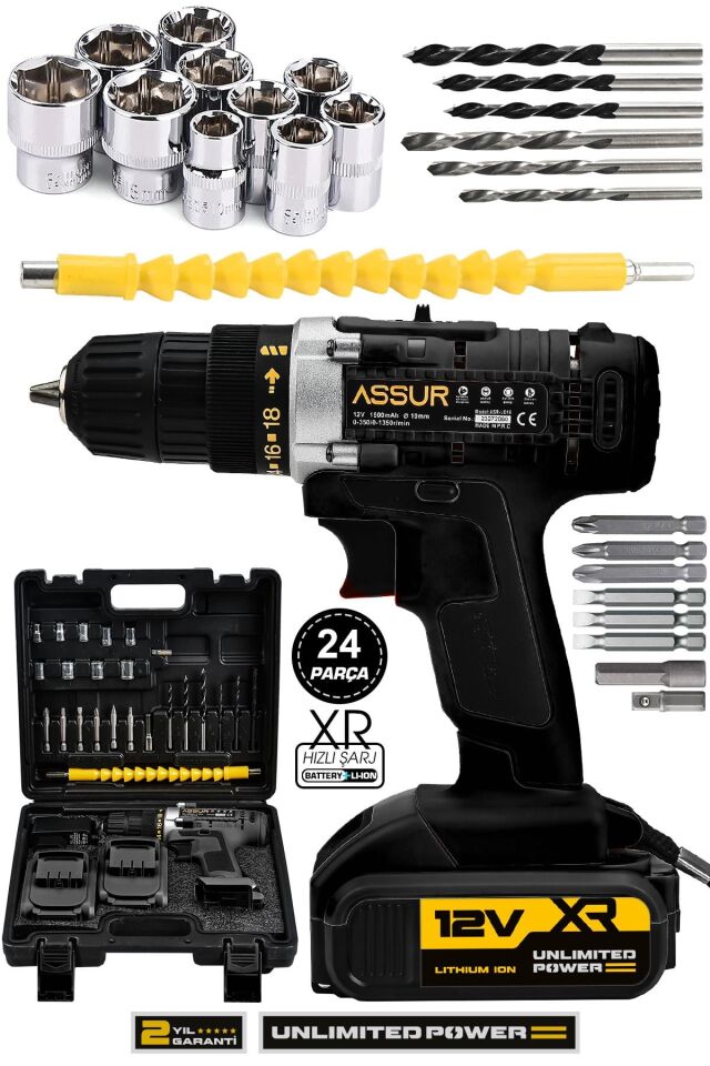 Assur 12V Çelik Şanzıman Bakır Sargılı Çift Akülü Şarjlı Matkap Vidalama