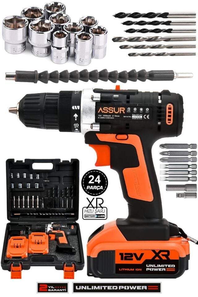 Assur 12V Çelik Şanzıman Bakır Sargılı Çift Akülü Şarjlı Matkap Vidalama