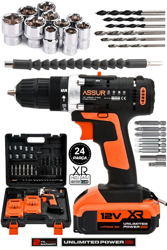 Assur 12V Çelik Şanzıman Bakır Sargılı Çift Akülü Şarjlı Matkap Vidalama