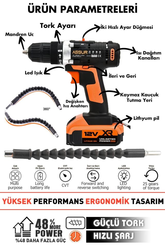 Assur 12V Çelik Şanzıman Bakır Sargılı Çift Akülü Şarjlı Matkap Vidalama