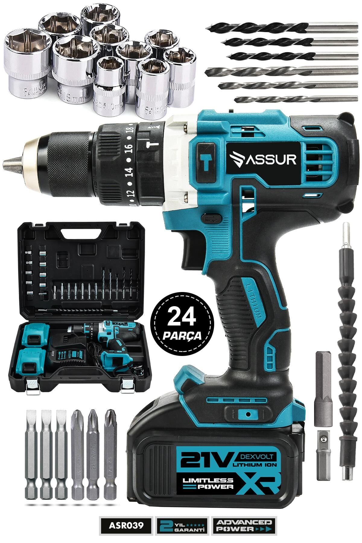 Assur 21V Metal Şanzıman Çift Akülü Şarjlı Darbeli Matkap