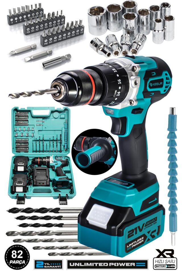 Assur 21V Çelik Şanzıman Çift Akülü Darbeli Şarjlı Matkap Akülü Vidalama