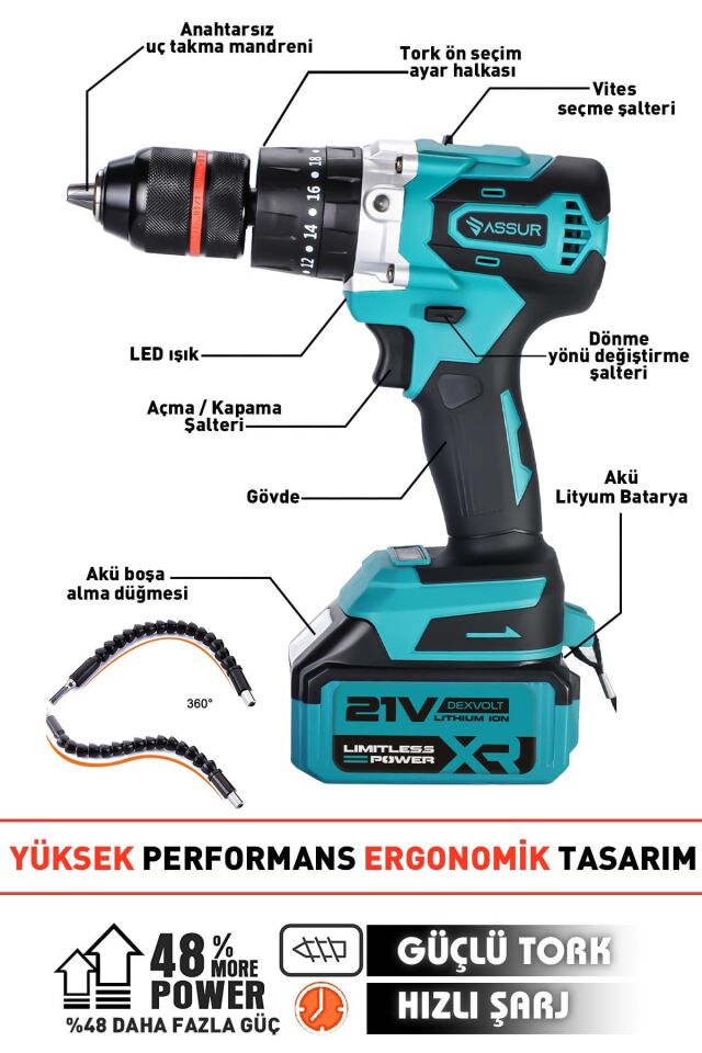 Assur 21V Çelik Şanzıman Çift Akülü Darbeli Şarjlı Matkap Akülü Vidalama