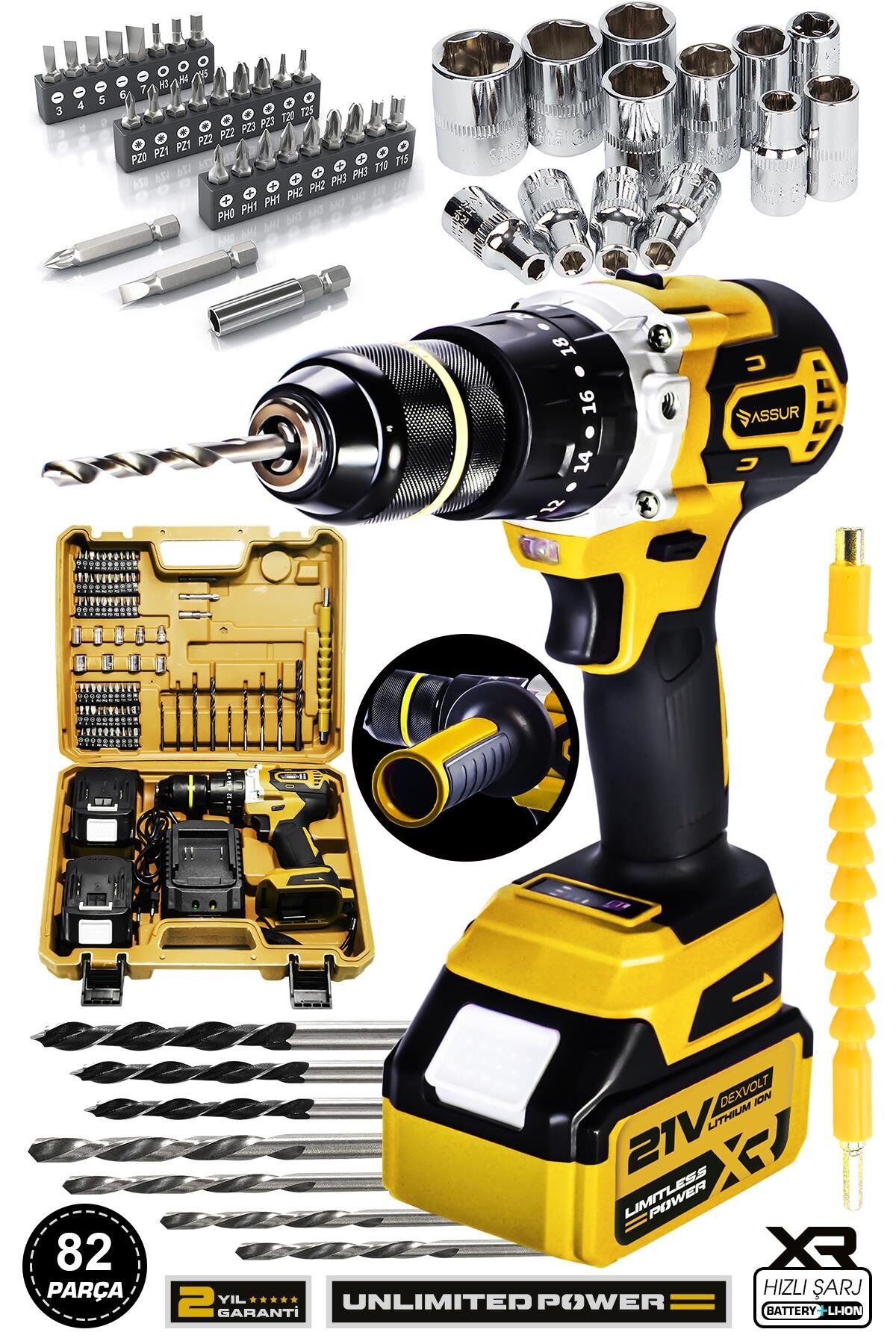 Assur 21V Çelik Şanzıman Çift Akülü Darbeli Şarjlı Matkap Akülü Vidalama