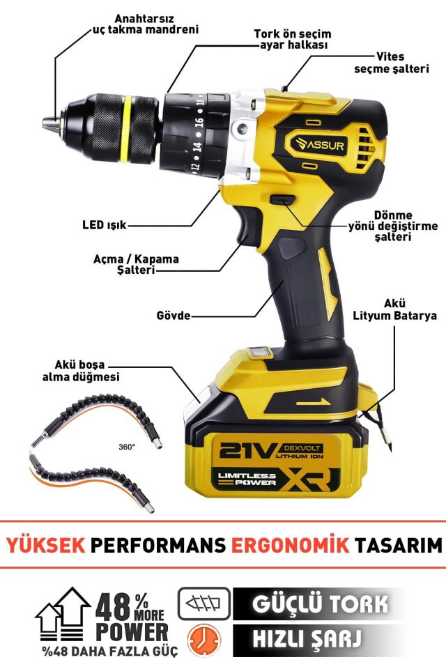 Assur 21V Çelik Şanzıman Çift Akülü Darbeli Şarjlı Matkap Akülü Vidalama