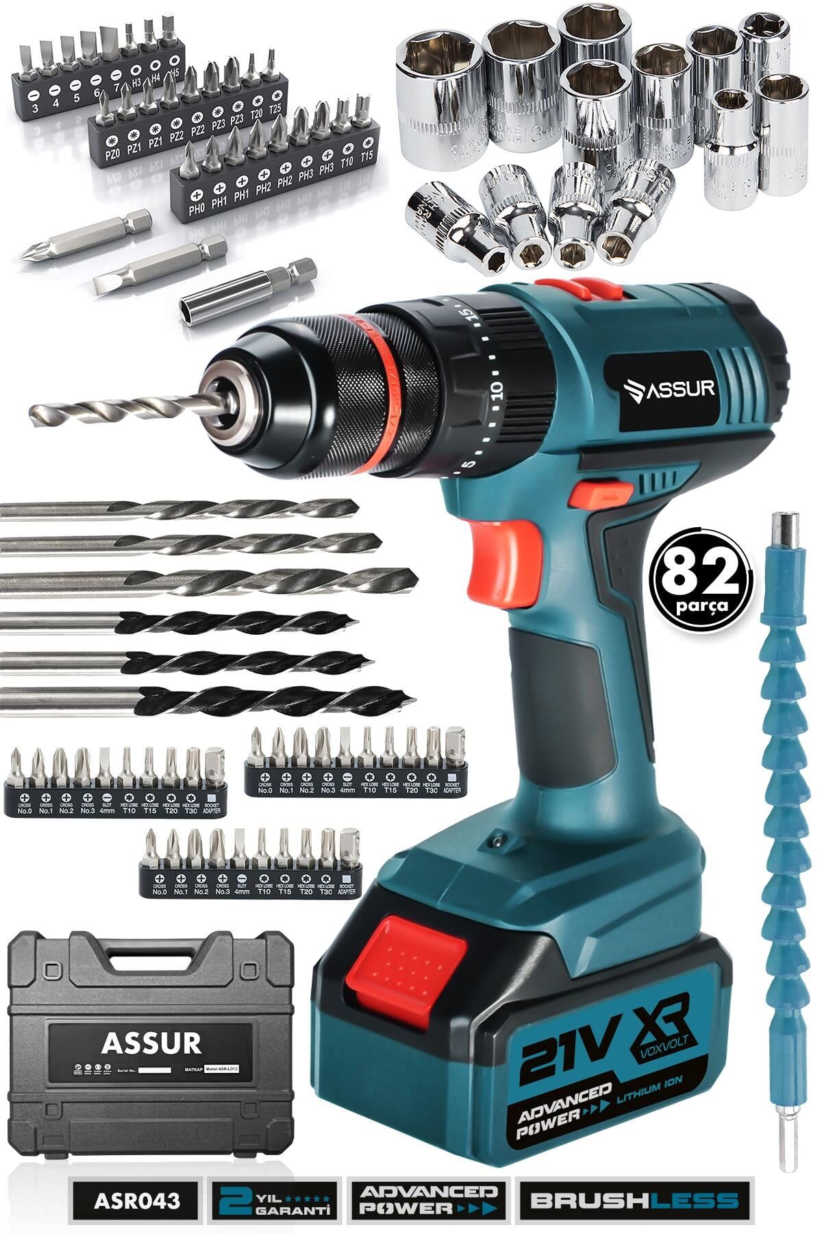 Assur 21V 13mm Çelik Mandren Çift Akülü Şarjlı Darbeli Matkap Akülü Vidalama
