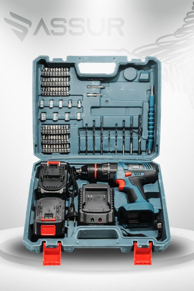 Assur 21V 13mm Çelik Mandren Çift Akülü Şarjlı Darbeli Matkap Akülü Vidalama