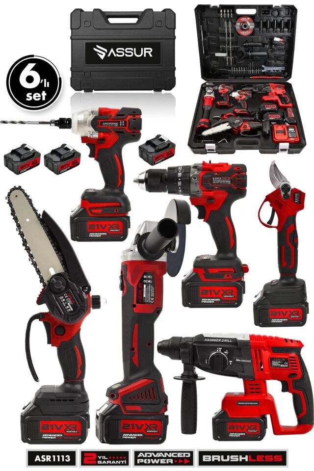 Assur Profesyonel 21V Matkap Hilti Taşlama Somun Sıkma Makas Testere 6'lı Set