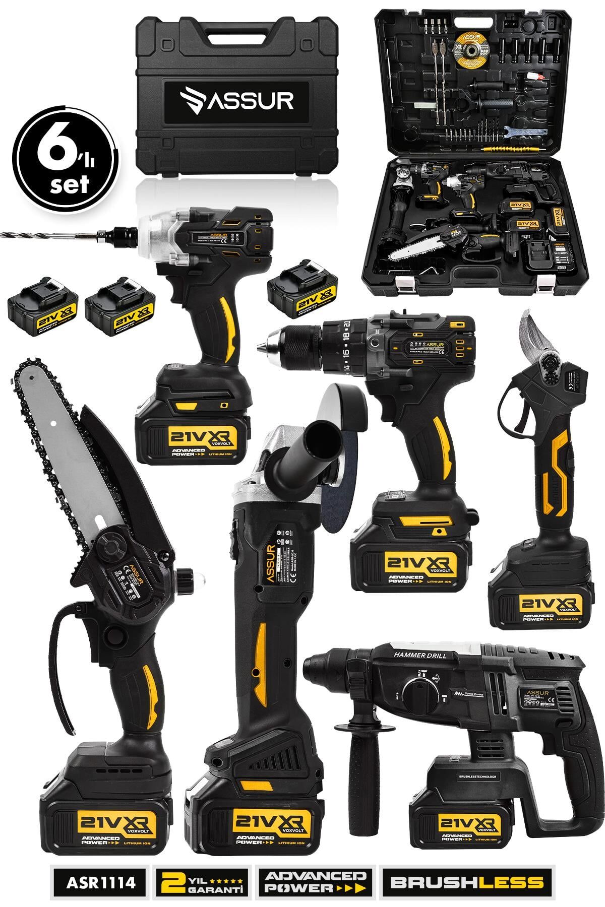 Assur Profesyonel 21V Matkap Hilti Taşlama Somun Sıkma Makas Testere 6'lı Set