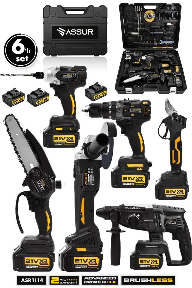 Assur Profesyonel 21V Matkap Hilti Taşlama Somun Sıkma Makas Testere 6'lı Set