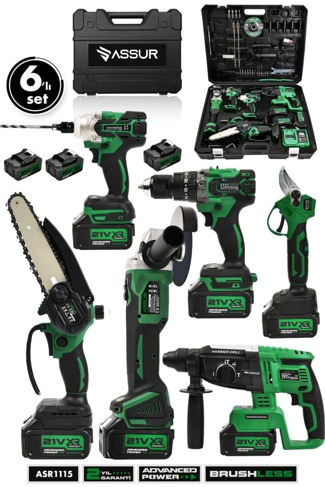 Assur Profesyonel 21V Matkap Hilti Taşlama Somun Sıkma Makas Testere 6'lı Set