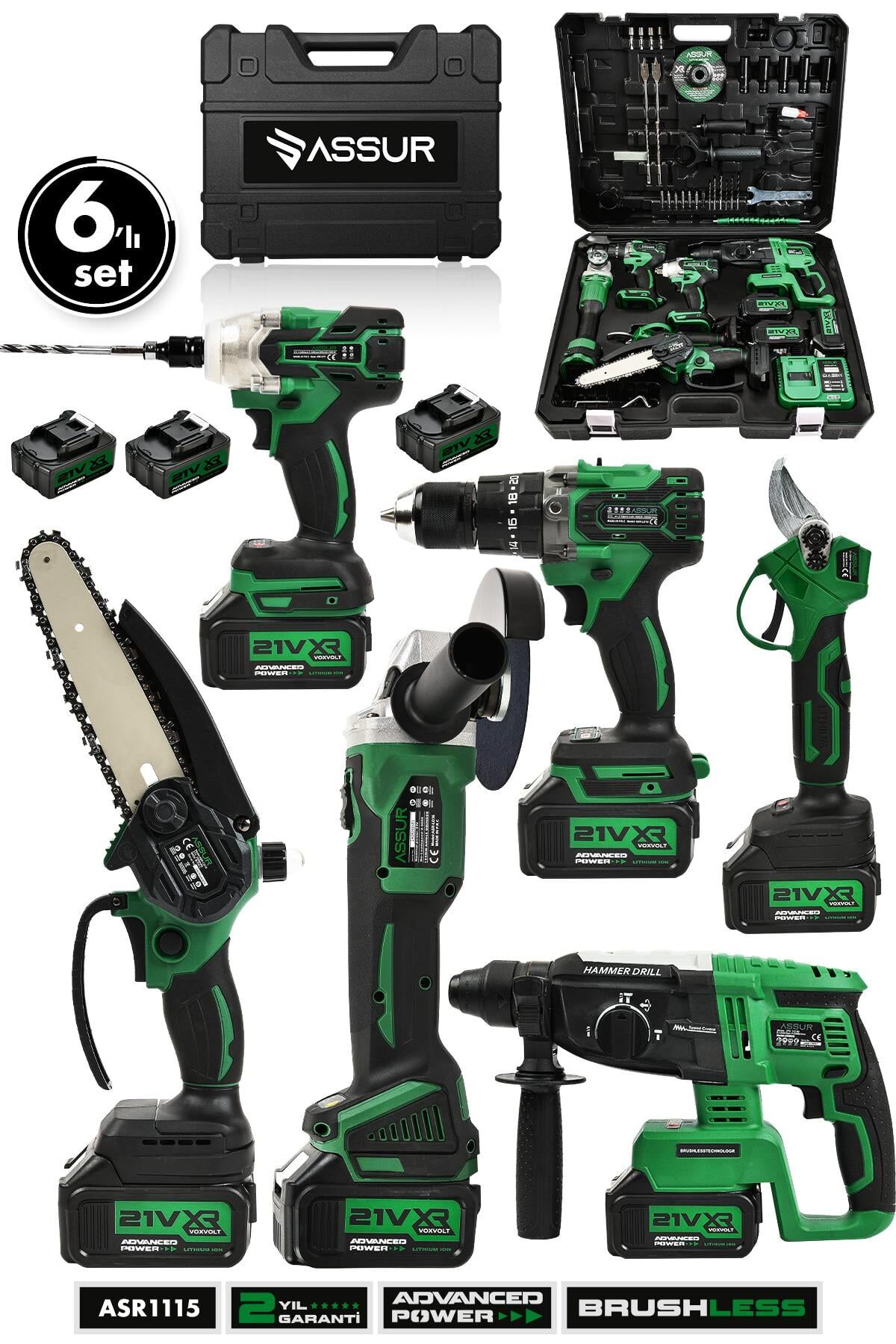 Assur Profesyonel 21V Matkap Hilti Taşlama Somun Sıkma Makas Testere 6'lı Set