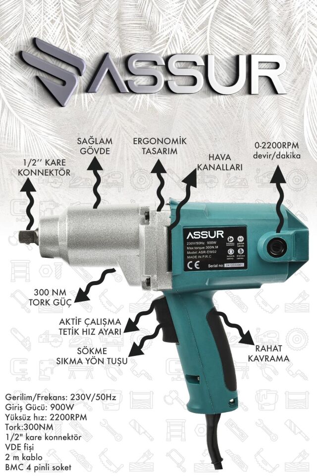 Assur Elektrikli 900W 300Nm Somun Sıkma Sökme Makinesi