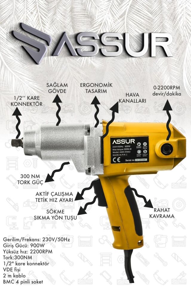 Assur Elektrikli 900W 300Nm Somun Sıkma Sökme Makinesi