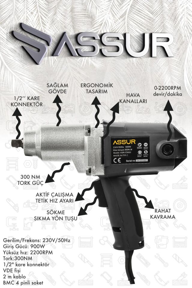Assur Elektrikli 900W 300Nm Somun Sıkma Sökme Makinesi