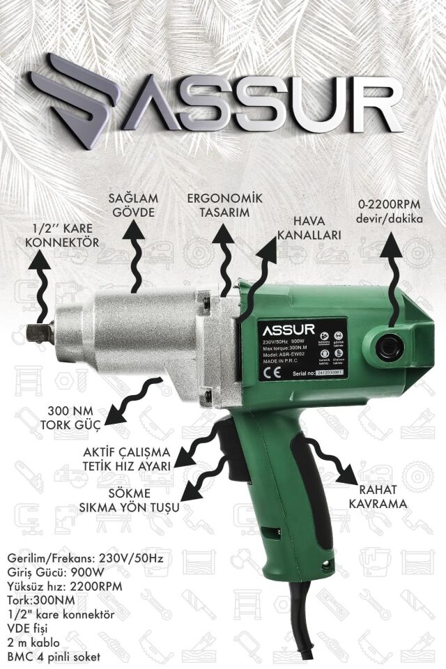 Assur Elektrikli 900W 300Nm Somun Sıkma Sökme Makinesi