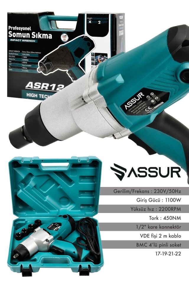 Assur Elektrikli 1100W 450Nm Somun Sıkma Sökme Makinesi