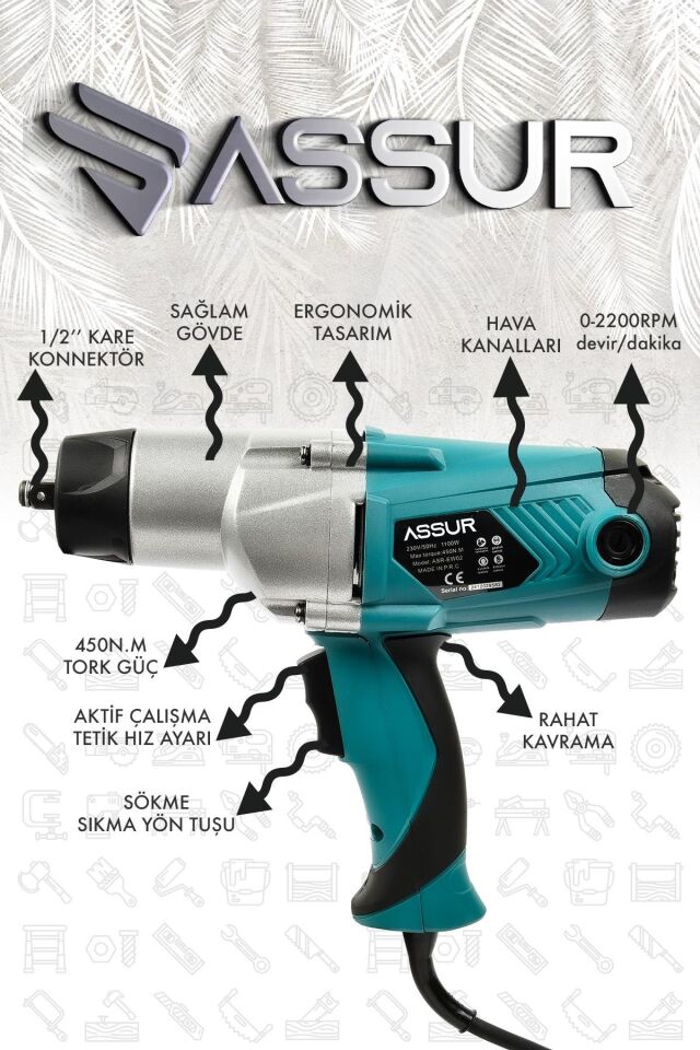 Assur Elektrikli 1100W 450Nm Somun Sıkma Sökme Makinesi