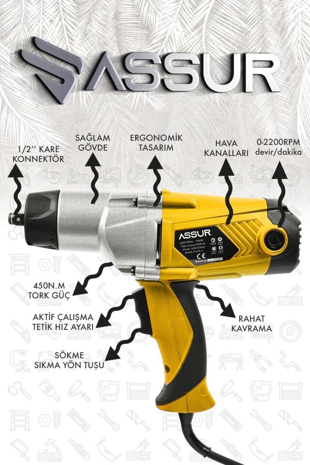 Assur Elektrikli 1100W 450Nm Somun Sıkma Sökme Makinesi