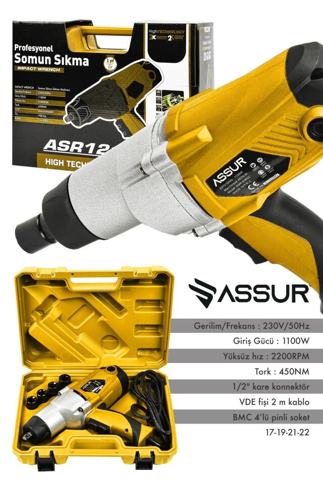 Assur Elektrikli 1100W 450Nm Somun Sıkma Sökme Makinesi