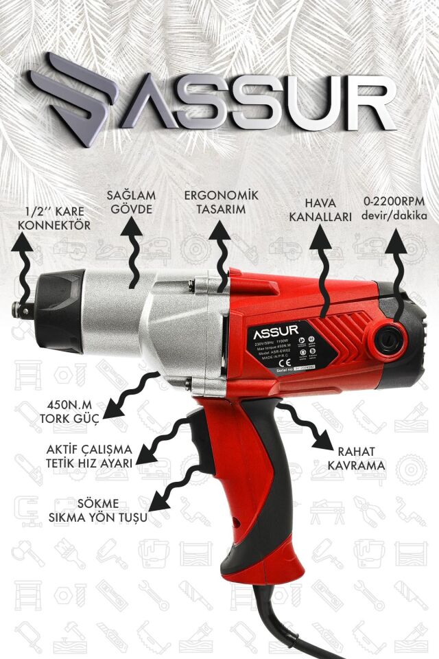 Assur Elektrikli 1100W 450Nm Somun Sıkma Sökme Makinesi