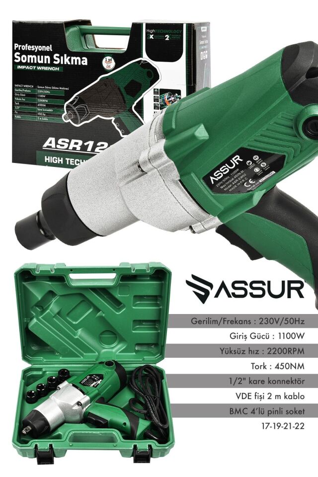 Assur Elektrikli 1100W 450Nm Somun Sıkma Sökme Makinesi