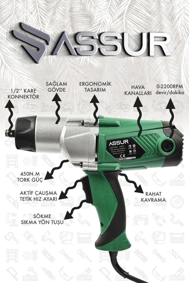 Assur Elektrikli 1100W 450Nm Somun Sıkma Sökme Makinesi