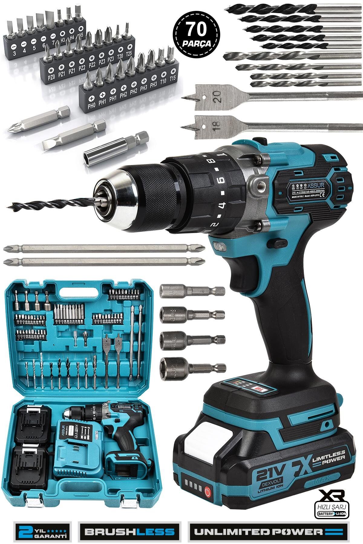 Assur 21V Çift Akülü Vidalama Çelik Mandren Kömürsüz Motor Darbeli Şarjlı Matkap