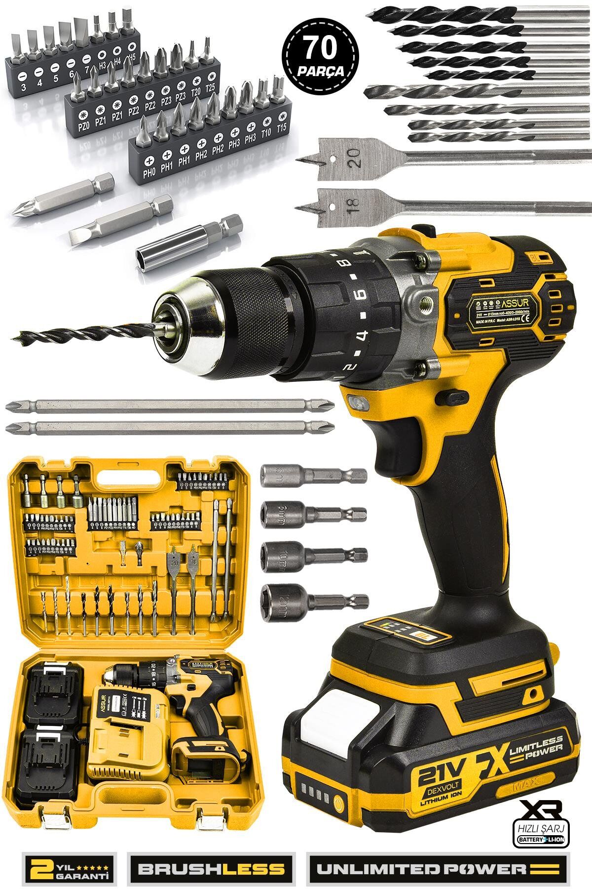 Assur 21V Çift Akülü Vidalama Çelik Mandren Kömürsüz Motor Darbeli Şarjlı Matkap